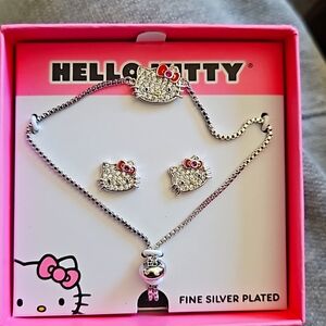 New Sanrio Rhinestone Hello Kitty Necklace & Earrings Jewelry Set Silver Plated